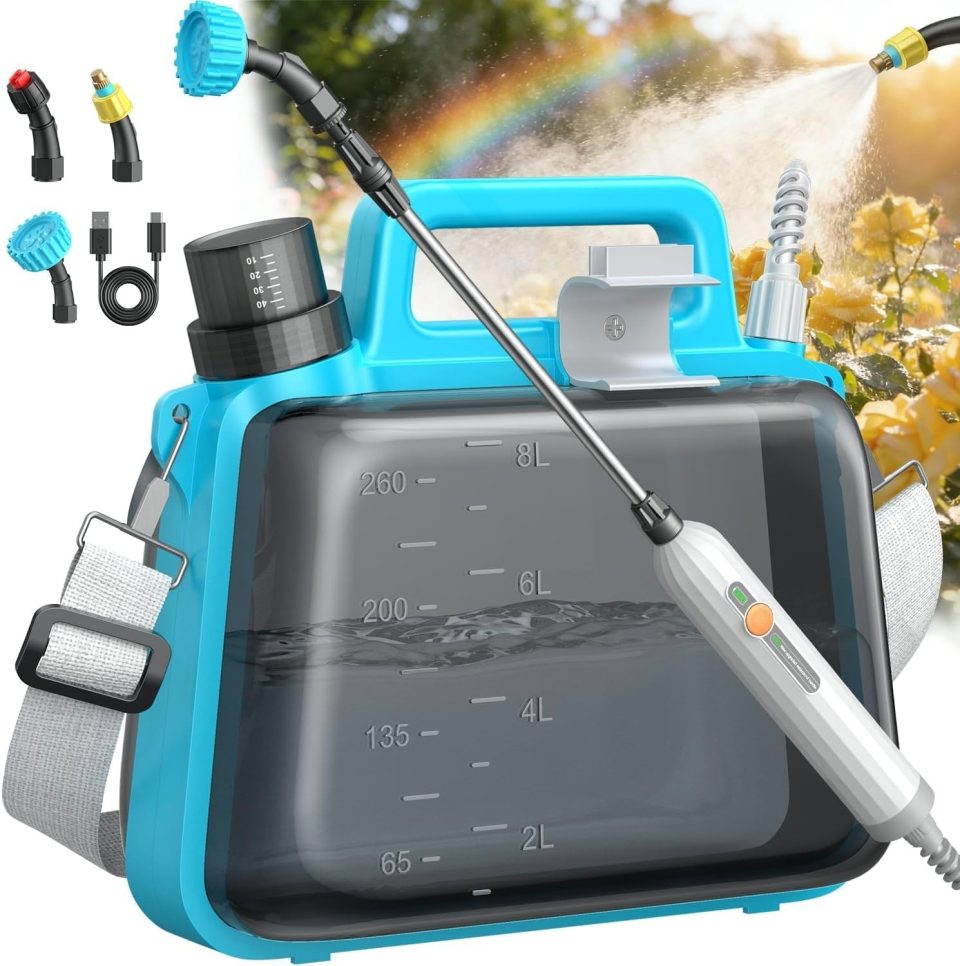 Premium Tarden Battery Powered Garden Sprayer 2 Gallon. Deluxe Electric Pump Sprayer with 3 Mist Nozzles. Rechargeable Handle. Telescopic Wand. Adjustable Strap